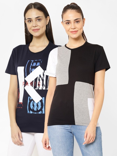 

VIMAL JONNEY Women Set Of 2 Navy Blue & Black Typography Printed T-shirt