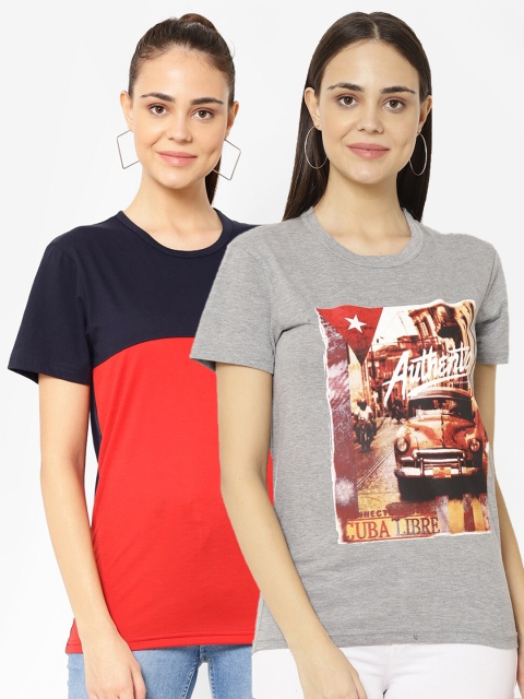 

VIMAL JONNEY Women Pack of 2 Grey & Red Printed T-shirt