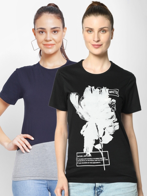 

VIMAL JONNEY Women Pack Of 2 Round Neck T-Shirts, Black