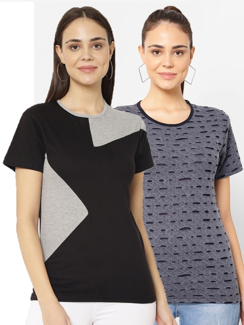

VIMAL JONNEY Women Pack Of 2 Printed T-shirts, Black