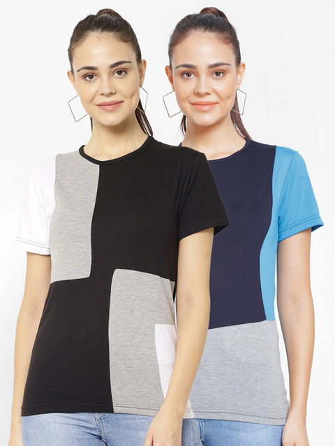 

VIMAL JONNEY Women Pack Of 2 Colourblocked T-shirt, Black