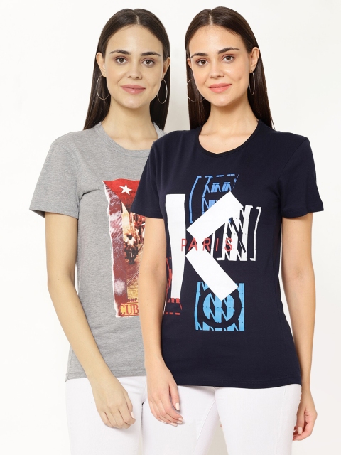 

VIMAL JONNEY Women Pack Of 2 Navy Blue & Grey Graphic Printed T-shirts