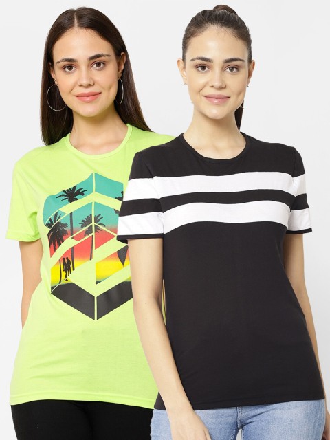 

VIMAL JONNEY Women Pack of 2 Black & Fluorescent Green Printed T-shirt
