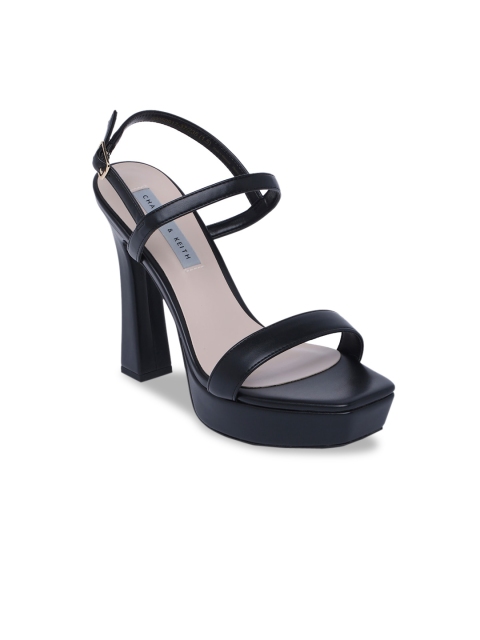 

CHARLES & KEITH Women Black PU Solid Block Sandals with Buckles