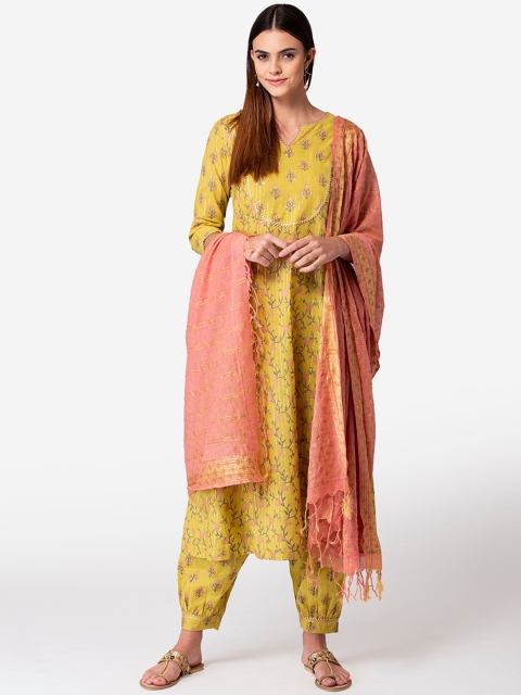 

TARA-C-TARA Women Yellow Printed Gotta Patti Pure Cotton Kurta with Patiala & Dupatta