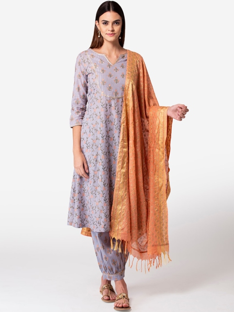 

TARA-C-TARA Women Purple Ethnic Motifs Pure Cotton Kurti with Salwar & With Dupatta