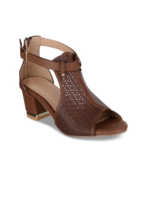 

SHUZ TOUCH Brown Textured Block Sandals with Laser Cuts