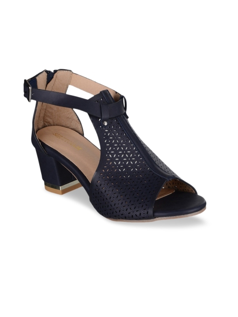 

SHUZ TOUCH Navy Blue Textured Block Sandals with Laser Cuts