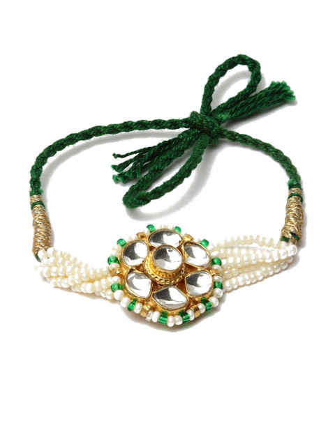 

DUGRISTYLE Men White & Green Kundan Studded & Beaded Rakhi