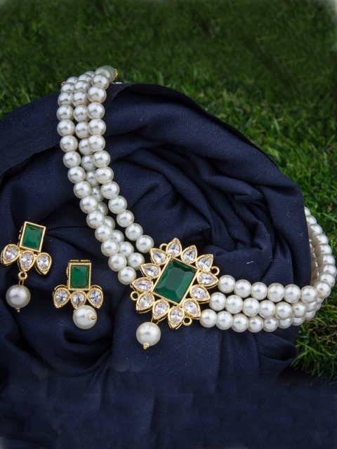 

Alankruthi Women Gold-Plated Green Ruby & White CZ-Studded & Pearl Beaded Jewellery Set