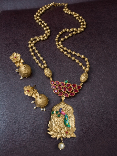 

Alankruthi Gold-Plated Pink & Green Stone-Studded & White Beaded Temple Jewellery Set