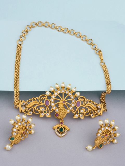 

Alankruthi Gold-Plated White & Pink CZ-Studded & White Beaded Temple Jewellery Set
