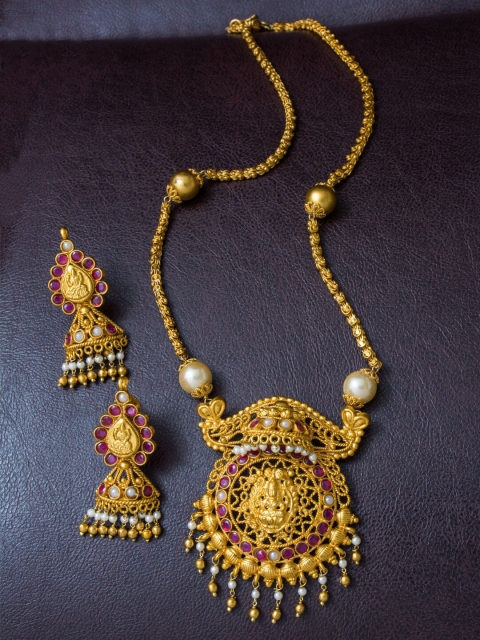 

Alankruthi Gold-Plated & Pink Stone-Studded & Beaded Temple Lakshmi Jewellery Set