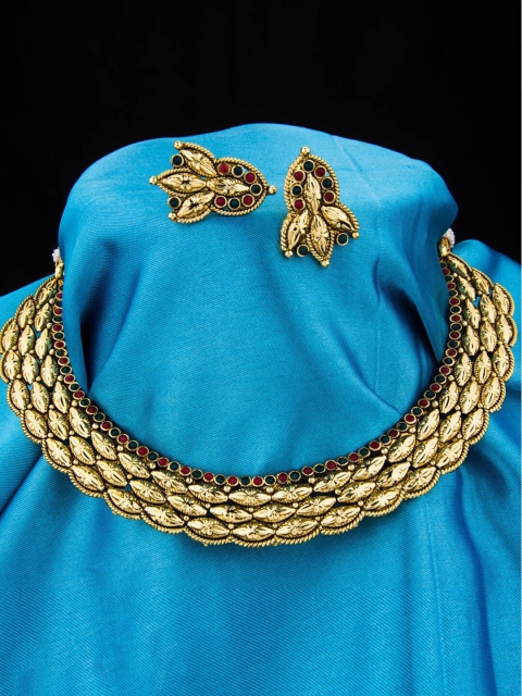 

Alankruthi Gold-Plated Pink & Green Stone-Studded Temple Jewellery Set