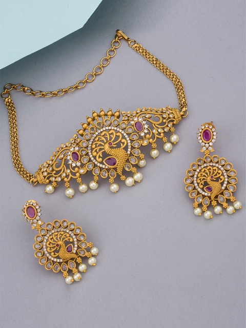 

Alankruthi Women Gold-Plated White & Pink CZ-Studded & Pearl Beaded Temple Jewellery Set