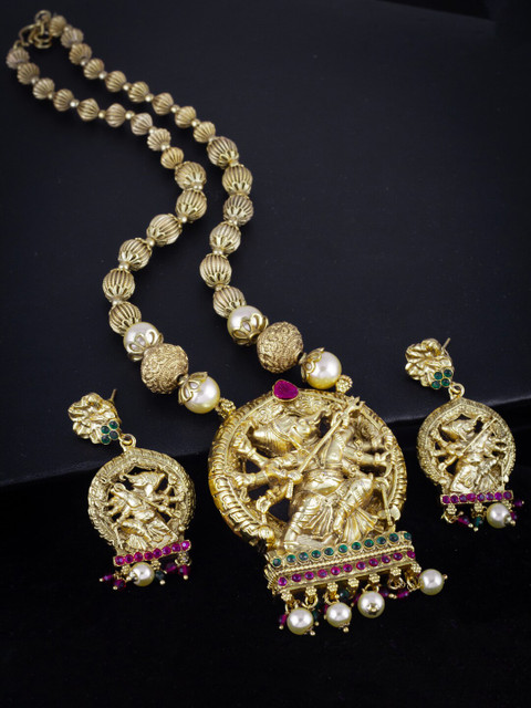

Alankruthi Gold-Plated Pink & Green Stone-Studded & Beaded Temple Jewellery Set