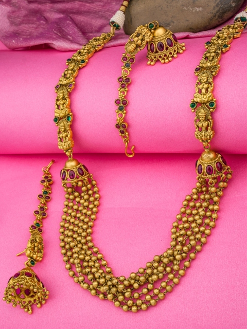 

Alankruthi Gold-Plated Pink & Green Stone-Studded & Beaded Temple Jewellery Set