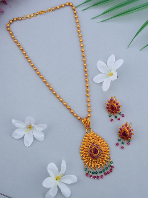 

Alankruthi Gold-Plated Pink & Green Stone-Studded & Beaded Temple Jewellery Set