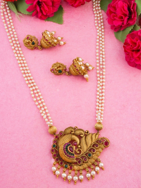 

Alankruthi Gold-Plated & Pink Stone-Studded & Pearl Beaded Temple Hara Jewellery Set
