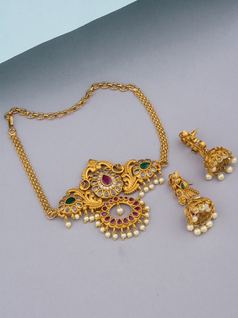 

Alankruthi Gold-Plated Pink & Green CZ-Studded & Pearl Beaded Temple Jewellery Set