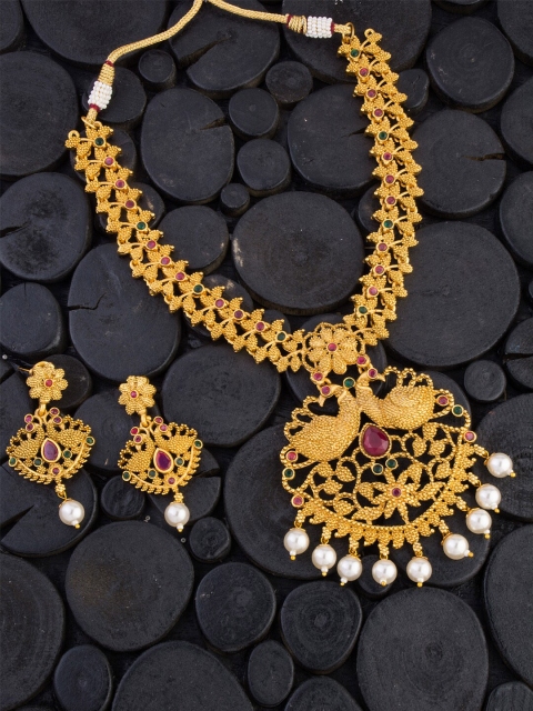 

Alankruthi Gold-Plated Pink & Green Stone-Studded & White Beaded Temple Jewellery Set