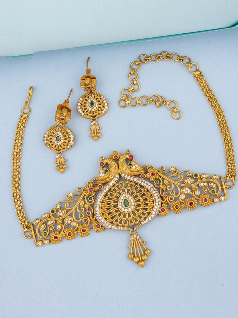 

Alankruthi Women Gold-Plated White & Green CZ-Studded & Beaded Temple Jewellery Set