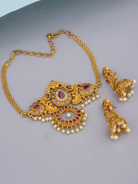 

Alankruthi Gold-Plated White & Pink CZ-Studded & Pearl Beaded Temple Jewellery Set