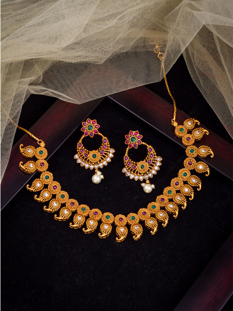 

Alankruthi Gold-Plated White & Pink Stone-Studded & Beaded Temple Jewellery Set