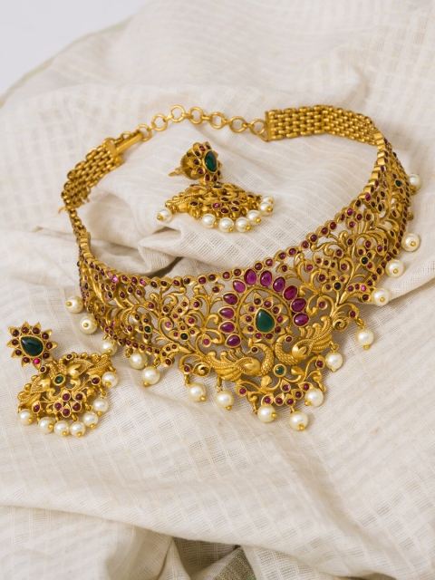

Alankruthi Women Gold-Plated Stone-Studded & Pearl Beaded Peacock Choker Jewellery Set