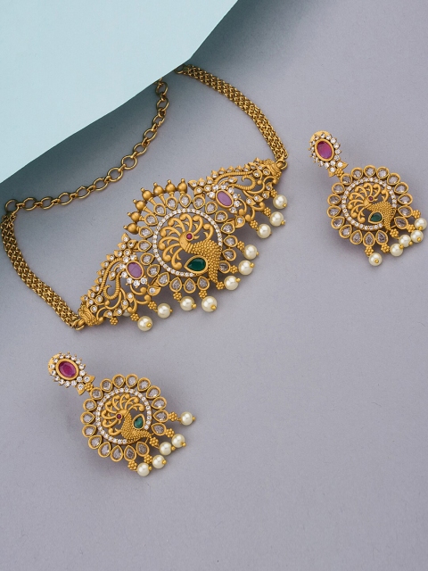 

Alankruthi Gold-Plated White & Pink CZ-Studded & Beaded Temple Jewellery Set