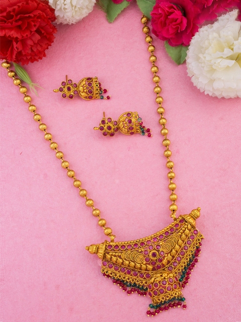 

Alankruthi Gold-Plated Magenta Pink & Green Stone-Studded Beaded Temple Jewellery Set
