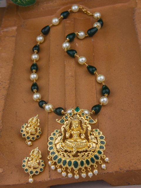 

Alankruthi Gold-Plated & Green Stone-Studded & Pearl Beaded Lakshmi Mala Jewellery Set