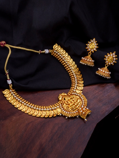 

Alankruthi Gold-Plated & White Pearl Beaded Lakshmi Coin Motif Jewellery Set