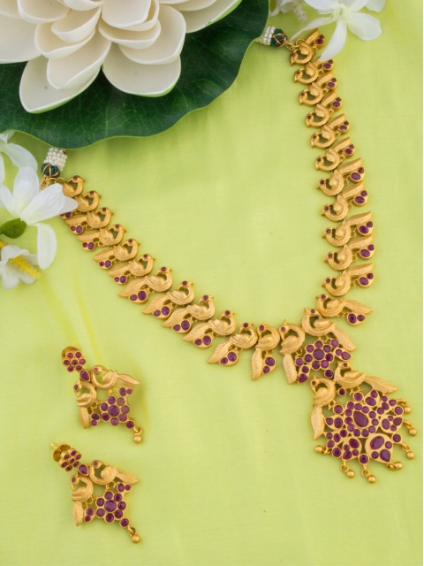 

Alankruthi Gold-Plated Pink Stone-Studded & Beaded Temple Jewellery Set