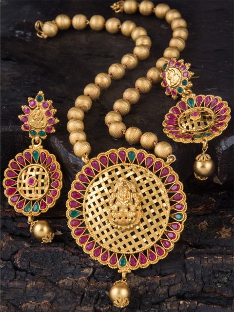 

Alankruthi Gold-Plated Magenta Pink & Green Stone-Studded Beaded Temple Jewellery Set