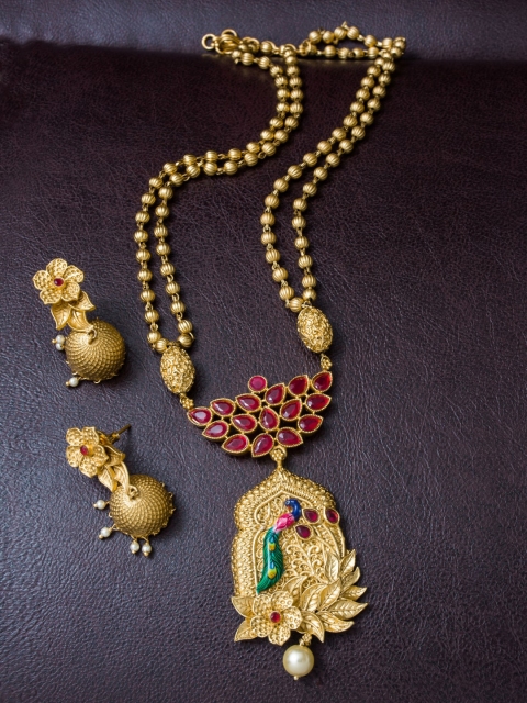 

Alankruthi Women Gold-Plated Pink & Green Stone-Studded & Beaded Temple Jewellery Set