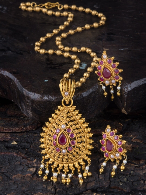 

Alankruthi Gold-Plated Pink & White Stone-Studded & White Beaded Temple Jewellery Set