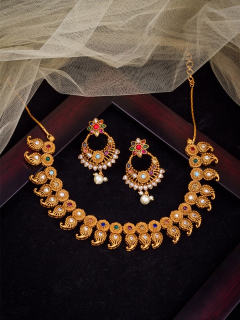 

Alankruthi Women Gold-Plated White & Pink Stone-Studded & Beaded Choker Jewellery Set