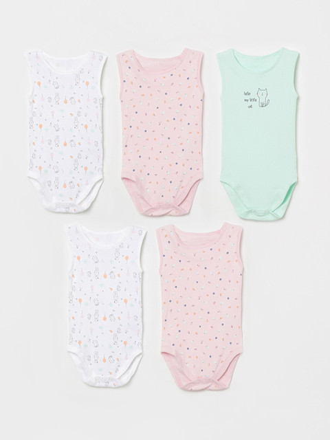 

Juniors by Lifestyle Infant Girls Pack Of 5 Printed Cotton Bodysuits, White