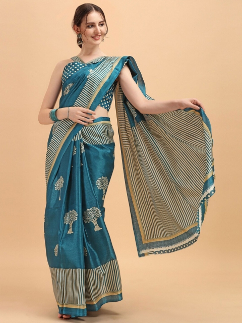 

KALINI Women Teal & Cream Woven Design Zari Silk Blend Saree