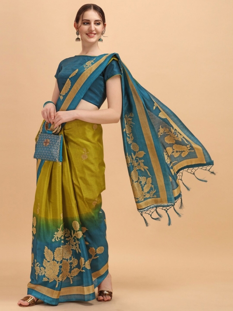 

KALINI Woman Olive Green & Blue Woven Design Silk Blend Khadi Saree