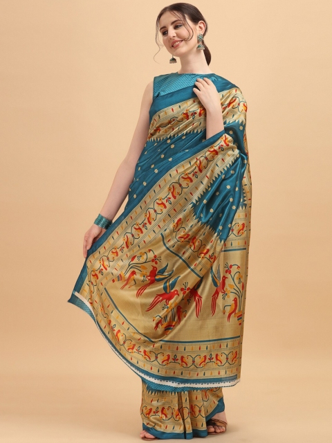 

KALINI Women Blue & Beige Floral Print Art Silk Saree