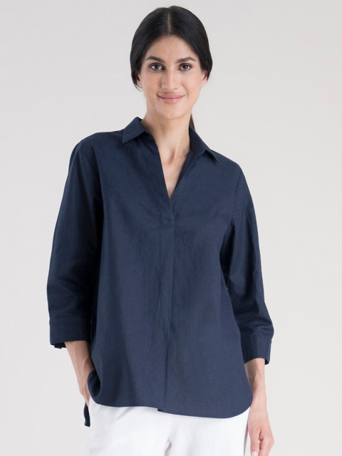 

FableStreet Navy Blue Pleated Pure Cotton Shirt Style Top