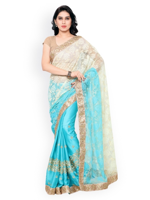 

Colors Cream-Coloured & Blue Jacquard & Satin Embroidered Lace Saree