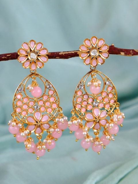 

Crunchy Fashion Women Gold-Toned & Pink Pearls Studded Classic Chandbalis Earrings