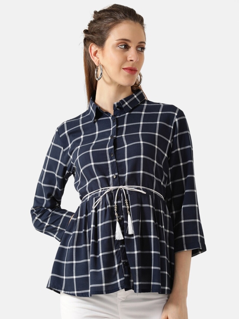 

V2 Value & Variety Navy Blue Checked Peplum Top