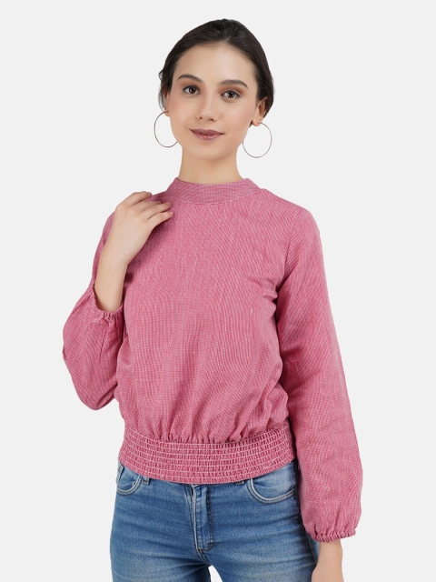 

JAAIVE Women Pink Checked Puff Sleeve Blouson Top