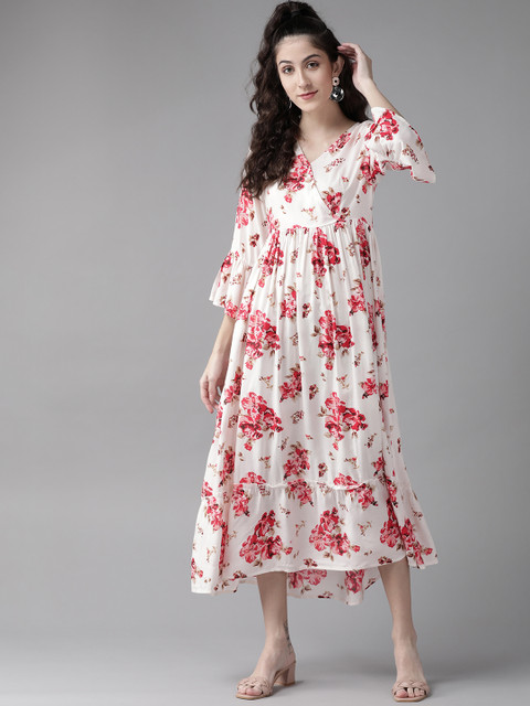 

The Dry State White & Red Floral Print A-Line Midi Dress