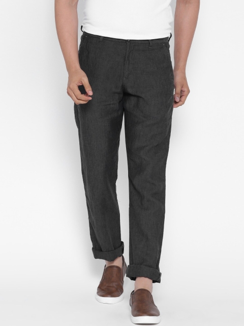 

Arrow Sport Men Charcoal Grey Linen Solid Leisure Slim Fit Flat-Front Sustainable Trousers