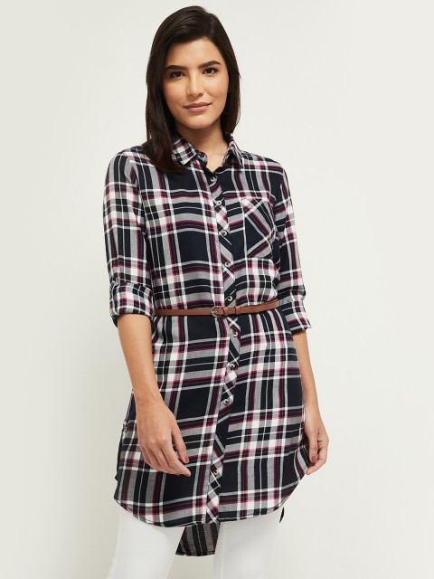 

max Blue & Grey Viscose Rayon Shirt Collar Checked Tunic with Belt